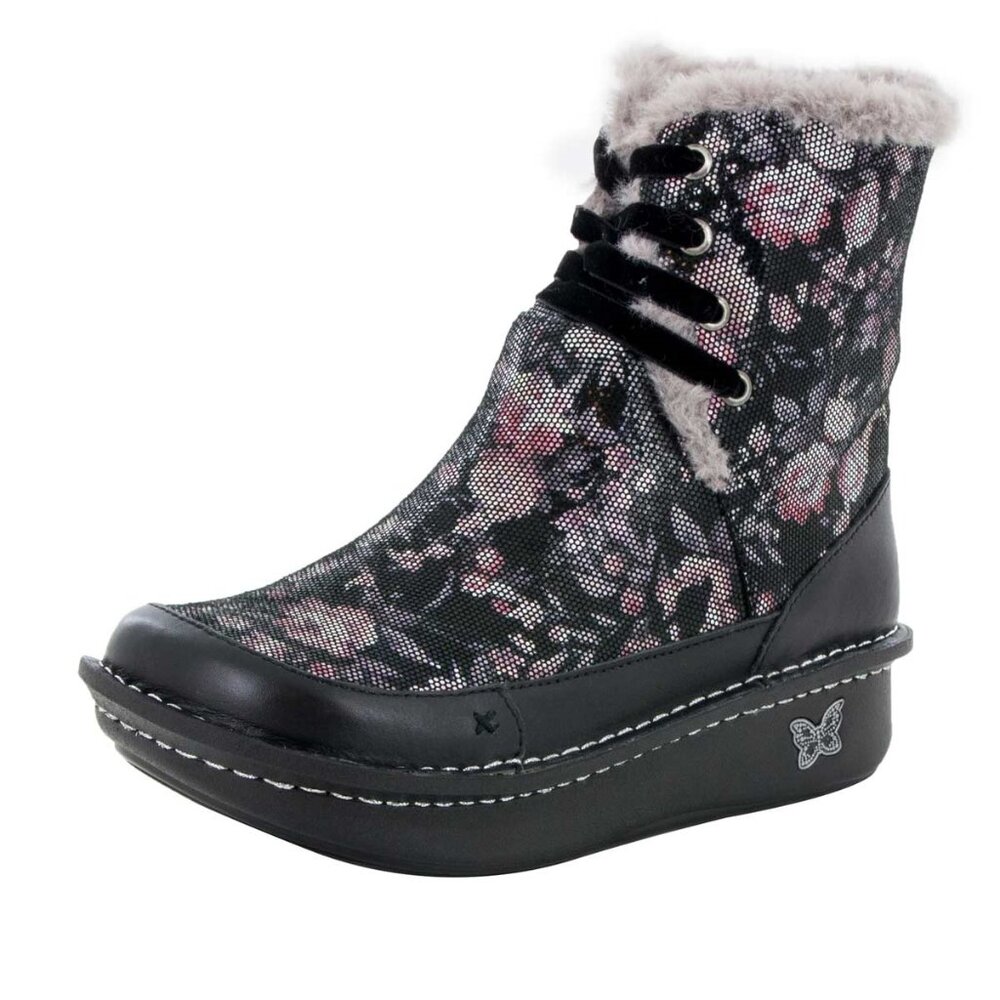 Alegria Women's Black Twisp Dame Floral Fur Zip Ankle Snow Boot Size 7